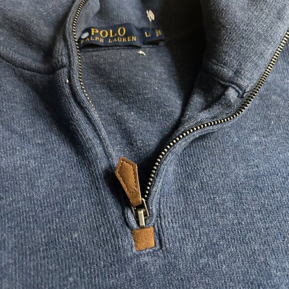 POLO Ralph Lauren Blue 1/4 Zip Men's L Pullover Knit Sweater – Orange Pony - Picture 3 of 9
